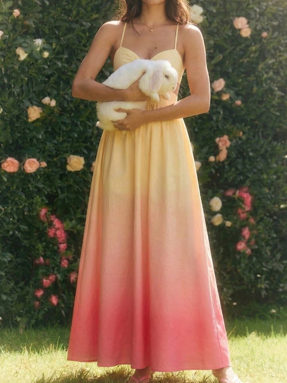 Yellow Sexy Women's Ombre Spaghetti Strap Hollow Out Formal Dress